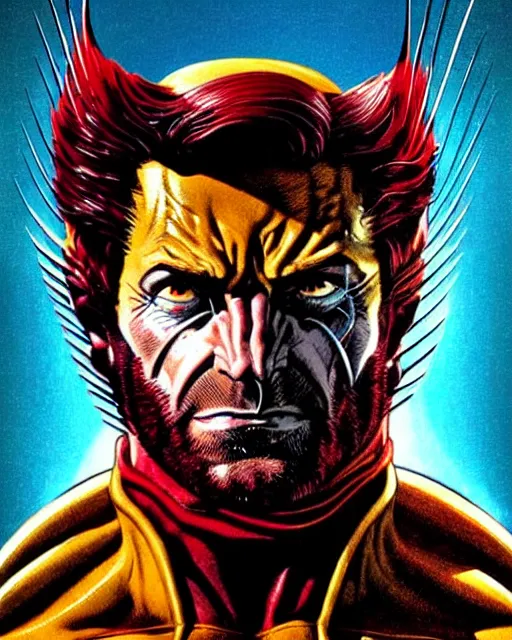 Prompt: wolverine xmen character portrait, portrait, close up, concept art, intricate details, highly detailed, vintage sci - fi poster, retro future, vintage sci - fi art, in the style of chris foss, rodger dean, moebius, michael whelan, and gustave dore