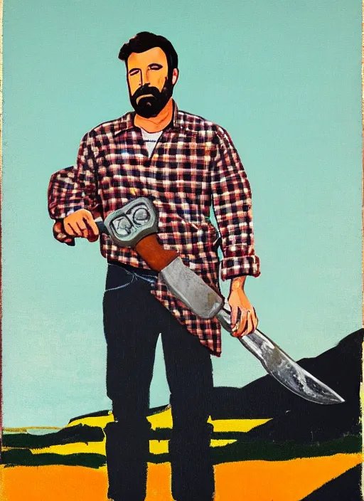 Prompt: full - body portrait of ben affleck wearing checkered shirt and white cap, holding a huge monkey wrench, by billy childish, thick visible brush strokes, shadowy landscape painting in the background by beal gifford, vintage postcard illustration, minimalist cover art by mitchell hooks