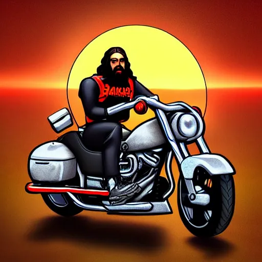 Image similar to jesus riding a harley davidson motorcycle, digital art, trending on artstation