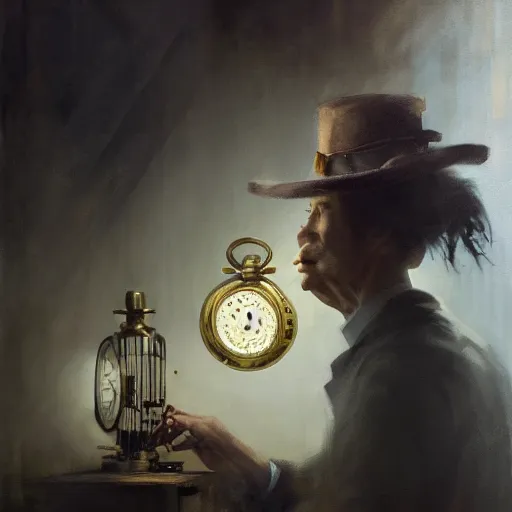 Image similar to an old watchmaker repairing an old pocket watch in a dark store, steampunk, painted by fenghua zhong and ruan jia and jeremy lipking and peter mohrbacher, mystical colors, rim light, beautiful lighting, 8 k, stunning scene, raytracing, octane, trending on artstation