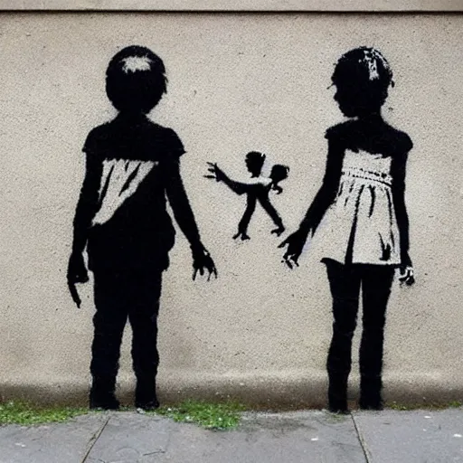 Image similar to a street art of thread connecting brother and sister by banksy