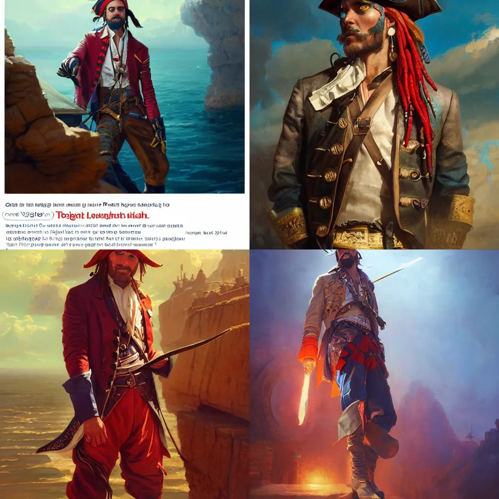 Prompt: portrait of a pirate in a technicolor suit, in front of an audience, dramatic light, gorgeous view, depth, high detail, digital art, painted by greg rutkowski and vogue, trending on artstation