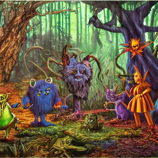 Prompt: a scene of colorful cartoon monsters in the clearing of a dark fantasy forest surrounded by darkness. hyperrealist illustration. muted colors. 1 9 7 0's pulp science fiction and fantasy cartoon for alice in wonderland and wizard of oz. highly detailed and richly colored painting by don ivan punchatz. trending on artstation