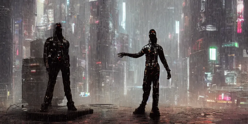 Image similar to cyberpunk statue, rain, space