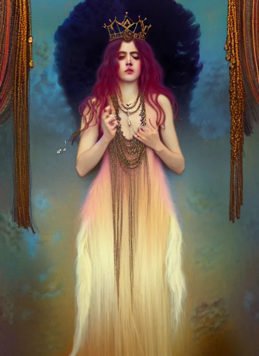 Image similar to ombre velvet gown, feathers, lovely queen, portrait, long hair, small crown, dozens of jeweled necklaces, feral languid woman, by greg rutkowski, anato finnstark, alphonse mucha, global illumination, radiant light