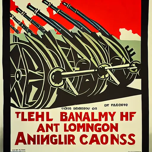 Image similar to propaganda poster featuring an extremely large number of artillery cannons, artillery, guns, limited palette, ww 1