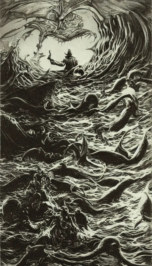 Prompt: man on boat crossing a body of water in hell with creatures in the water, sea of souls, by h. p. lovecraft