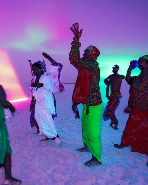 Prompt: Sahel Tuareg musicians dance party opens a fourth dimensional geometric laser neon portal to the north pole, aurora borealis emanates with opalescent light, surrealism, neo-romanticism, rule of thirds