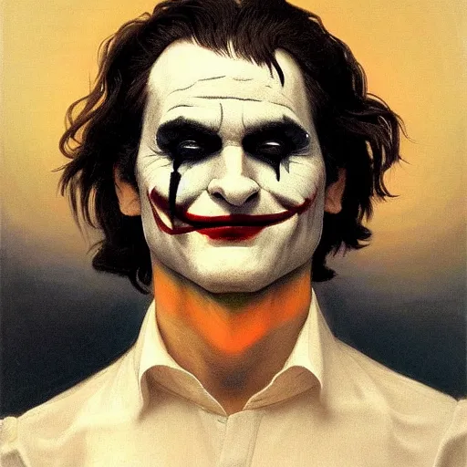 Image similar to Painting of Joaquin Phoenix as the Joker. Art by william adolphe bouguereau. During golden hour. Extremely detailed. Beautiful. 4K. Award winning.