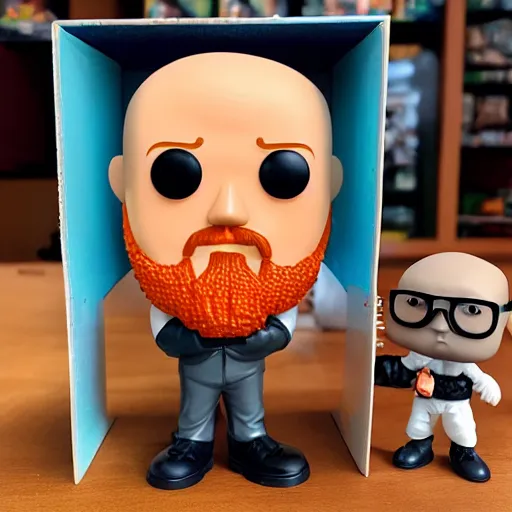 Image similar to funko pop bald man with an orange beard and funko pop box