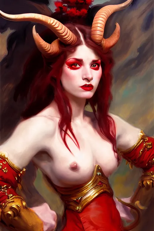 Image similar to painted close - up portrait of a attractive red - skinned intimidating demon girl with ram horns! oil painting, wearing a noblewoman's outfit, fantasy art by john singer sargent and gaston bussiere, and james jean and tyler edlin, demon noble character design, hd