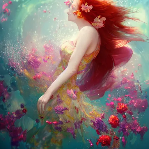 Image similar to Ginger woman in a swirling sundress of flowers, underwater, floral explosion, radiant light, vortex of plum petals, by WLOP and artgerm, artstation, deviantart