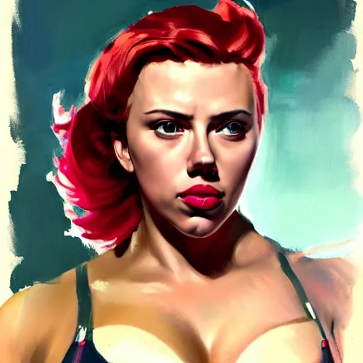 Image similar to greg manchess portrait of scarlett johansson as roided thick muscular weightlifter zarya from overwatch with short red hair ponytail and green lipstick, fantasy medium shot, asymmetrical, profile picture, organic painting, sunny day, matte painting, bold shapes, hard edges, street art, trending on artstation, by huang guangjian and gil elvgren and sachin teng