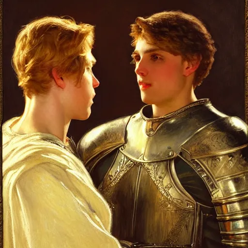 Image similar to attractive fully clothed arthur pendragon confesses his love for his attractive fully clothed male knight. highly detailed painting by gaston bussiere and j. c. leyendecker 8 k