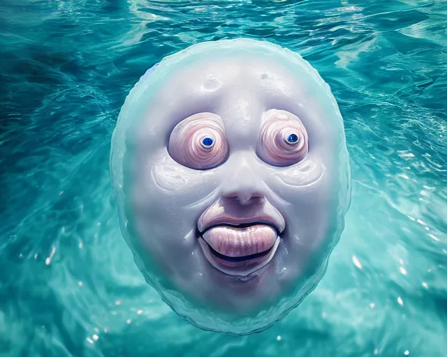 Prompt: a massive jelly sculpture of a squashed funny human face on a jelly donut floating on the ocean water, in the style of johnson tsang, cinematic, hyper - realistic, very detailed, realistic jelly splashes, ray tracing, 8 k resolution, long - shot, sharp focus, low angle, 8 5 mm photograph, wide lens