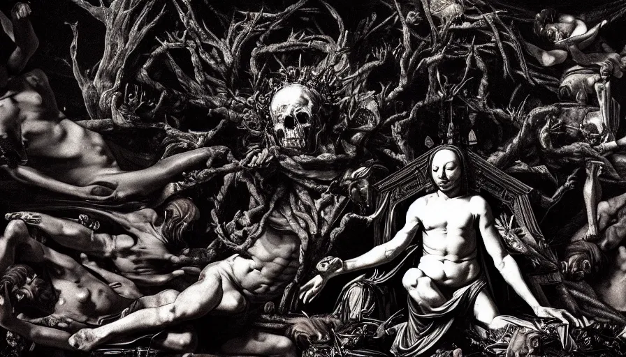 Prompt: highly detailed dark rotting god god sitting on a throne of bodies, night, death, fear, horror, religion, trees, monochrome, by caravaggio, hyperrealism, detailed and intricate environment