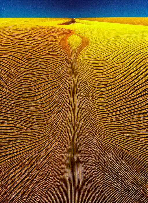 Image similar to hyper detailed 3d render like a Oil painting - the endless plains, light and shadow, yellow wheat fields and electric poles, by Jacek Yerka, Mariusz Lewandowski, Houdini algorithmic generative render, Abstract brush strokes, Masterpiece, Edward Hopper and James Gilleard, Zdzislaw Beksinski, Mark Ryden, Wolfgang Lettl, hints of Yayoi Kasuma, octane render, 8k