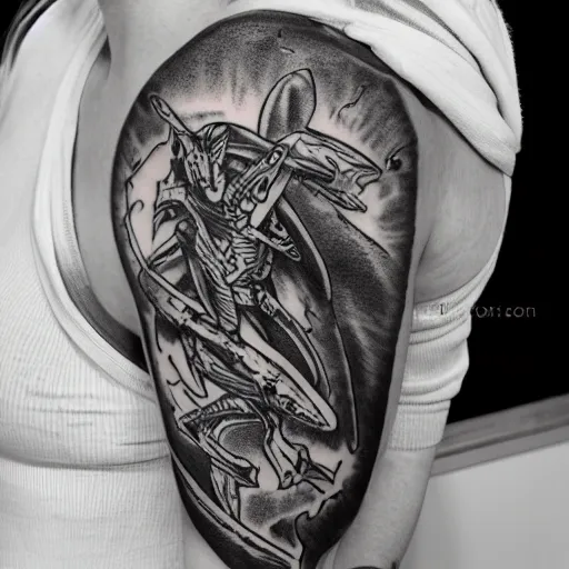 Image similar to flash tattoo of skeleton riding rocket in the shape of shark, black and white by sailor jerry, curt montgomery, bangbangnyc, ryan ashley, killkenny