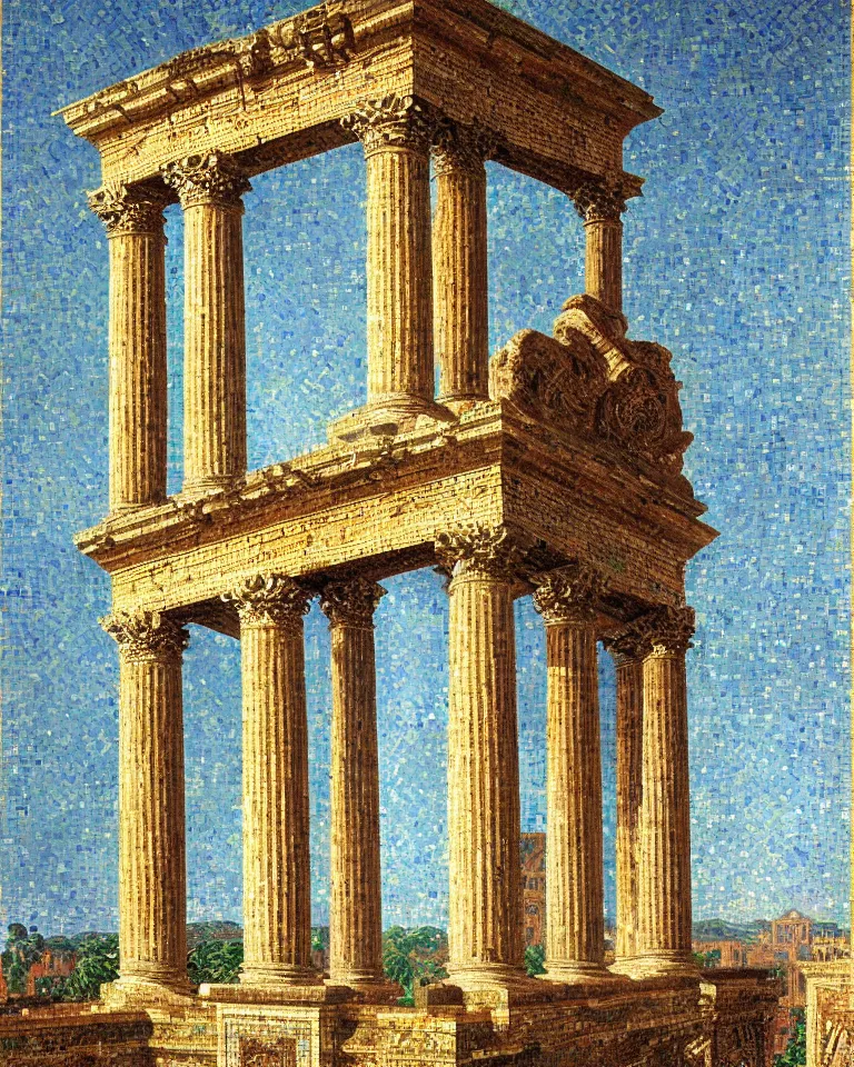 Prompt: achingly beautiful painting of intricate ancient roman corinthian capital on glowing mosaic background by rene magritte, monet, and turner. giovanni battista piranesi.