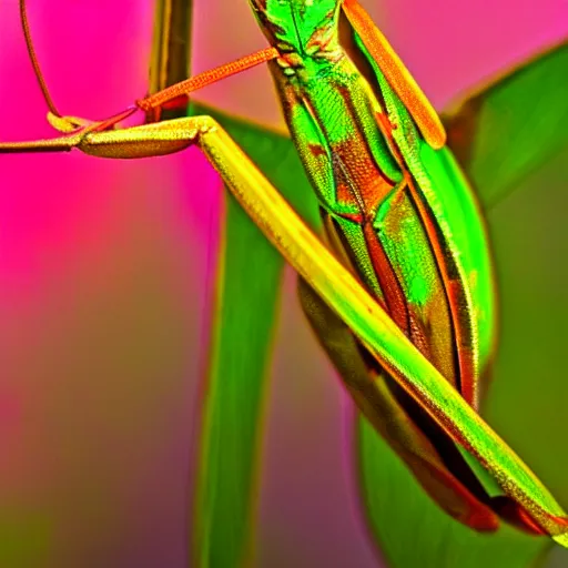 Prompt: macro praying mantis, detailed, floral, dreamy, colorful