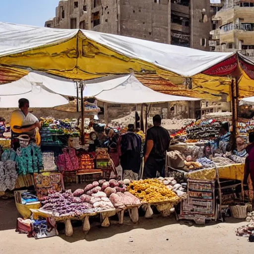 Image similar to an open air market in Egypt, vendors are selling wares, ancient relics, and mysterious trinkets