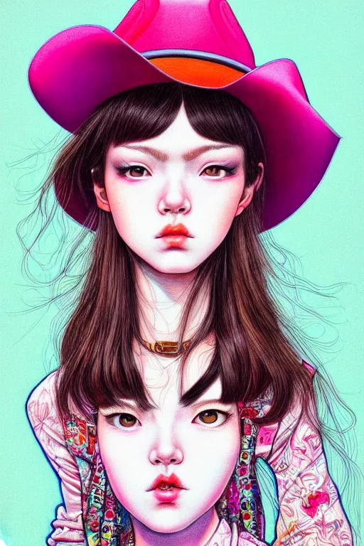 Image similar to girl wearing cowboy hat, style of yoshii chie and hikari shimoda and martine johanna, highly detailed