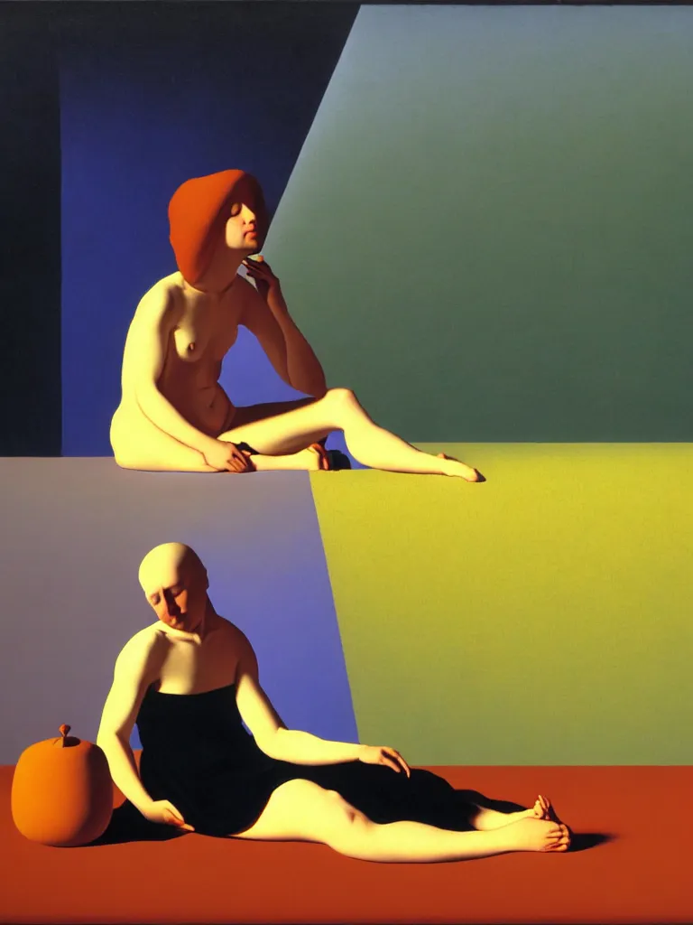 Image similar to hyperrealistic still life wide shot a woman dressed in loose fabric, sitting on the ground relaxing, sacred geometry, light refracting through prisms, by caravaggio, surrealism, vivid colors, serene, golden ratio, rule of thirds, negative space, minimalist composition, by rene magritte and james turrell