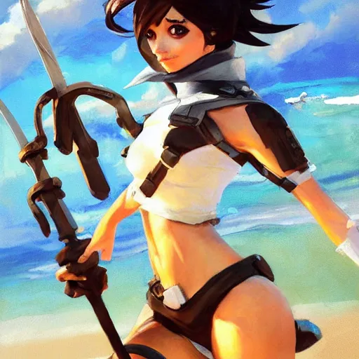 Image similar to greg manchess painting of tracer from overwatch as 2 b nier automata on the beach holding a sword, organic painting, sunny day, matte painting, bold shapes, detailed, detailed, face trending on artstation, artstationhd, artstationhq, hard edges, by huang guangjian and gil elvgren and sachin teng