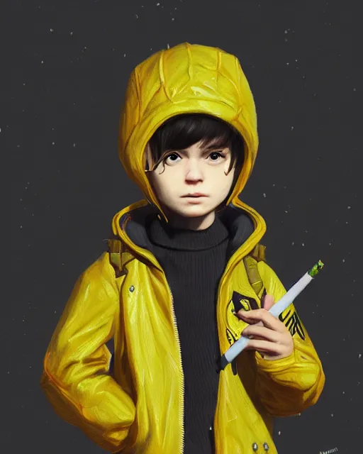Image similar to a tiny punk kid wearing a puffy yellow jacket and a wizard wand, smooth, intricate, elegant, digital painting, artstation, concept art, sharp focus, octane render, illustration, art by ayami kojima, valorant character,