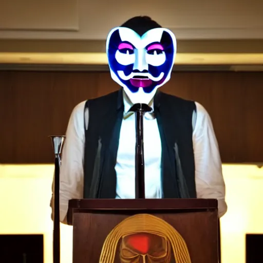 Prompt: man wearing guy fawkes mask at lectern speaking to university hall, photo, cinematic lighting