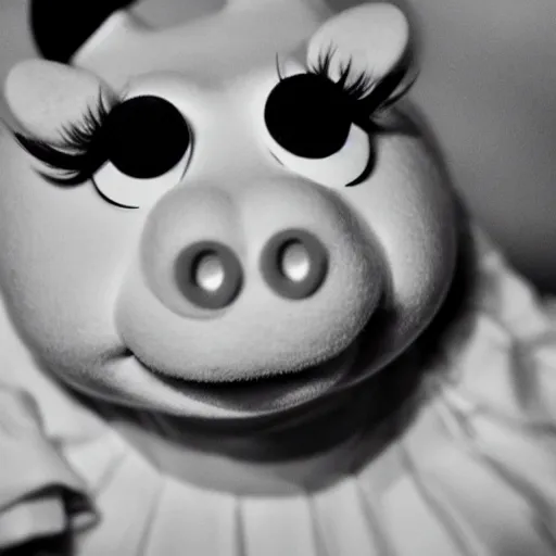 Prompt: professional black and white glamour shot photography of miss piggy, stunning, 4 k