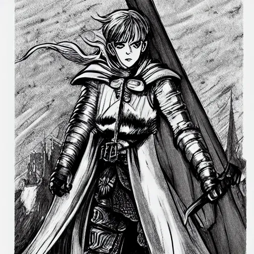 Prompt: emma watson as a knight in the style of berserk, by kentaro miura