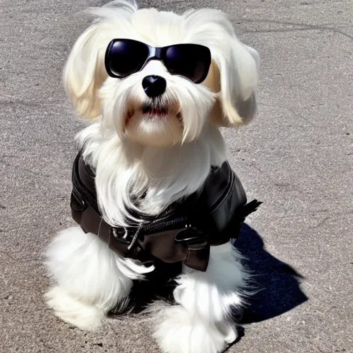 Prompt: a maltese dog with cool sunglasses and a leather jacket