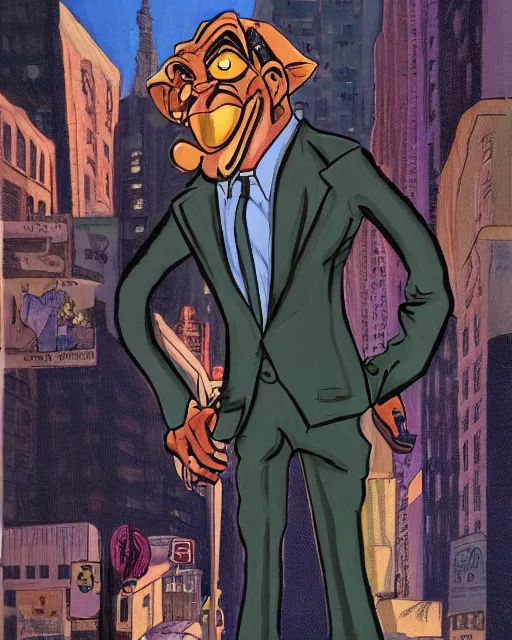 Prompt: smug male antagonist in suit, uptown city street, artwork by ralph bakshi