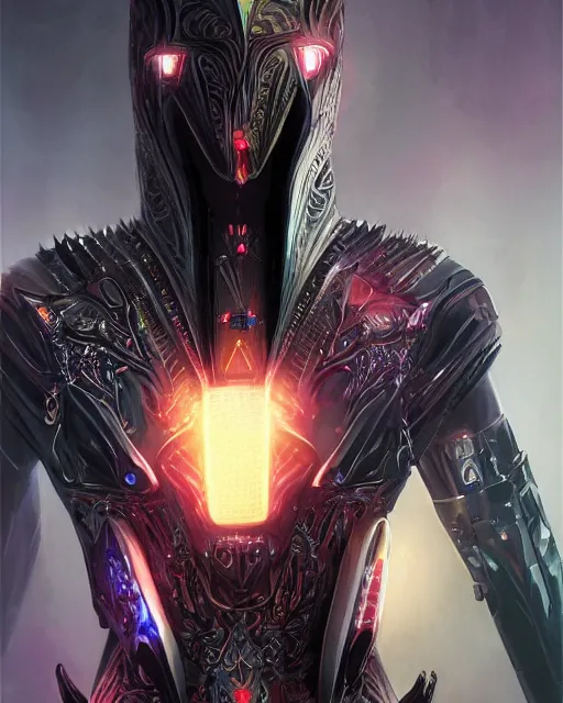 Prompt: the omnipotent assassin, vivid award winning digital artwork, intricate black sharp hooded semi - cybernetic athletic body armor, beautiful iridescent colors, technology cloak, long spikes, glowing face, detailed realistic, specular colors, ornate colored gems and crystals, character art by wlop and greg rutkowski and artgerm