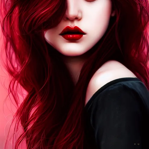 Image similar to a realistic illustration portrait of a beautiful cute girl with wavy black and red hair, a pointy nose and, round chin black eyeliner, trending on artstation, dynamic, hyper - realistic lighting, intricate, ross tran, realistic hair