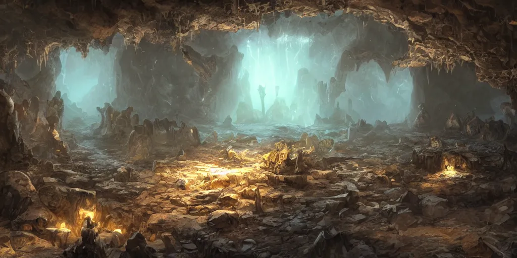 Image similar to fantasy matte painting of a cave with glowing crystals on the walls and piles of bones on the floor, fantasy, sharp focus, artstation