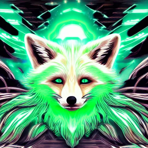 Prompt: digital green! and ( white ) fox, retrowave palette, digital world, highly detailed, electric breeze, anatomically correct vulpine, synth feel, fluffy face, ear floof, flowing fur, super realism, accurate animal imagery, 4 k digital art