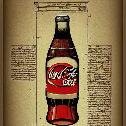 Prompt: “Illustrated diagram of a Coke-a-cola bottle on parchment by Leonardo da Vinci, hyper realistic, high details, infographic, embellishments, illuminations”