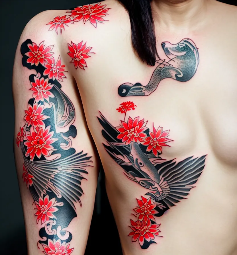 Image similar to japanese tattoo, koi, woman in kimono, realistic, full body, rich details, by wlop photo - grade