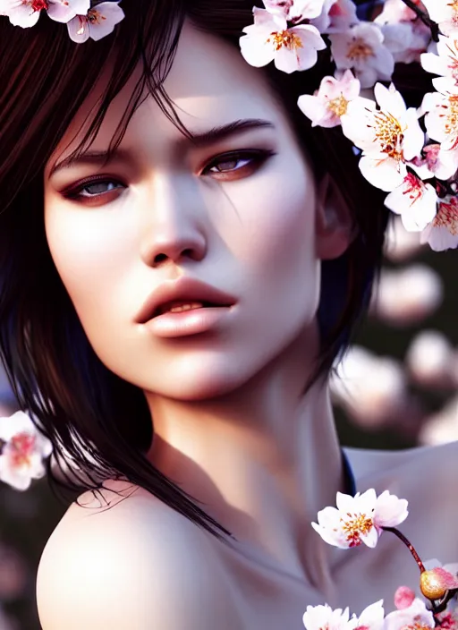 Image similar to photo of a gorgeous female with messy hair in the style of stefan kostic, realistic, body shot, sharp focus, 8 k high definition, insanely detailed, intricate, elegant, art by stanley lau and artgerm, cherry blossoms