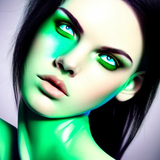 Image similar to photorealistic portrait of beautiful toxic girl, black hair, blue eyes, smooth face, perfect eyes, half body shot, elegant, realistic, glowing skin, detailed face, green colours, sharp focus