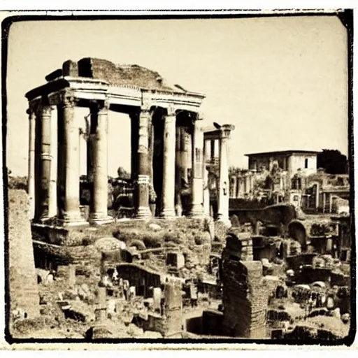 Prompt: Recovered photo of julius caesar taken in front of the roman forum. He looks tired and defeated. Sepia. White border. Torn on edge and creased.