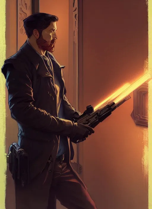 Prompt: an adult man stands with a gun at the door, dark room, side profile centered, by artgerm, cushart krenz, greg rutkowski, storyboard, mucha. art nouveau. gloomhaven, swirly vibrant ripples, gaudy colors, sharp edges. ultra clear detailed. 8 k. elegant, intricate, octane render