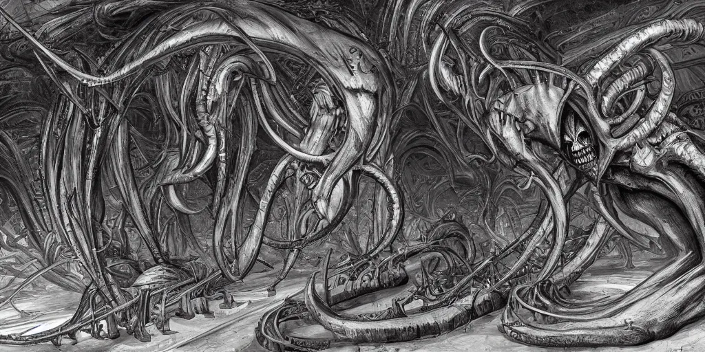 Prompt: elegant demon inspired by h. p. lovecraft flying through a monumental extremely large hall with massive elements, style by h. r. giger, long shot, high detailed, digital art