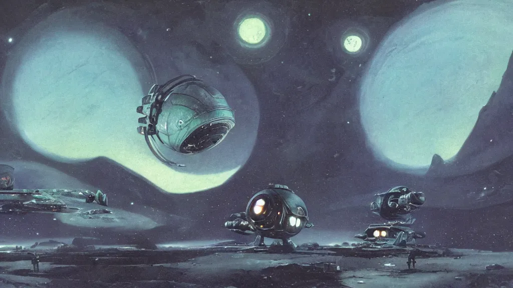 Image similar to eerie atmospheric alien planet with a small dropship pod landing by paul lehr and jack gaughan and john schoenherr, epic cinematic matte painting