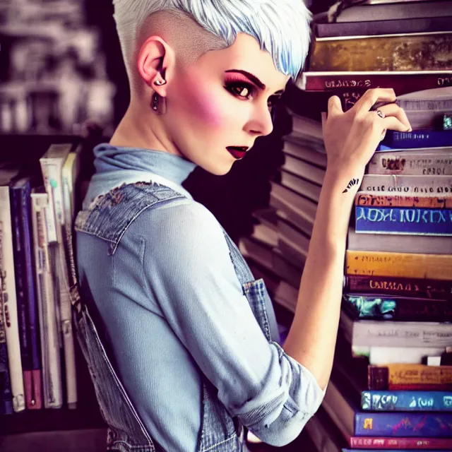 Image similar to full body pose, beautiful adult book fairy, pixar, short white hair shaved sides, dirty, grungy, grunge, long sleeve, painted overalls, stacks of giant books, highly detailed, 4 k, hdr, smooth, sharp focus, high resolution, award - winning photo, artgerm, photorealistic