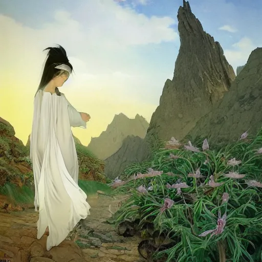 Prompt: beautiful oriental girl walks around Socotra among endemic plants and snags in a long transparent flowing dress and meets mystical animals, mystical insects, mystical birds, lizards, snakes, gorgeous, Atmosphere, hypnotic dimensions, mythology, Rococo, photorealism, in the style of Jin Kagetsu, James Jean and wlop, Valentin Serov style, hyperrealistic, sharp focus, intricate concept art, digital painting, ambient lighting, 4k, hdt, artstation trending on Gsociety, trending on ArtstationHQ, trending on deviantart, professionally post-processed, wide-angle action dynamic portraithyperdetailed, hyper quality, 16K