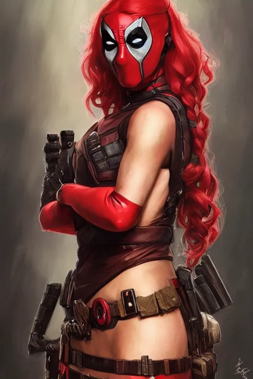 Image similar to portrait of a girl wearing deadpool costumes, upper body, red hair, long hair, d & d, fantasy, fierce, sharp features, intricate, elegant, highly detailed, digital painting, artstation, concept art, matte, sharp focus, illustration, art by artgerm and greg rutkowski and alphonse mucha