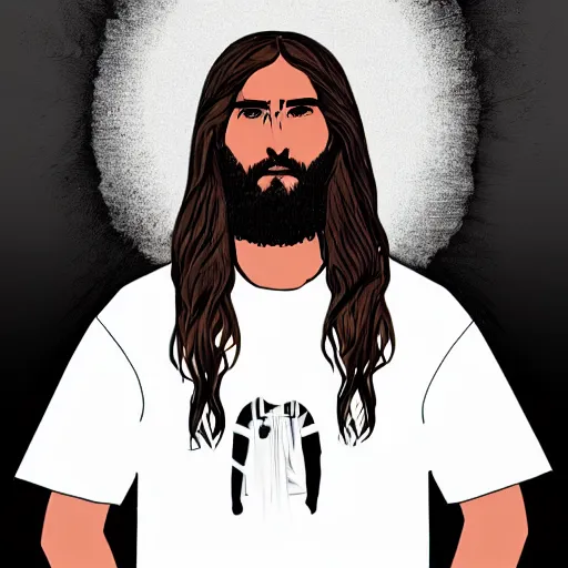 Prompt: Jesus wearing streetwear by Virgil Abloh, hyper realistic